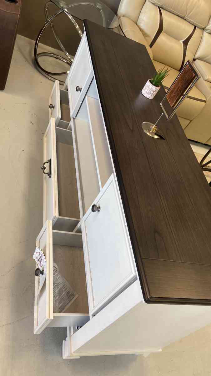 White with wood top 65 tv stand with slide doors we have del - Houston, Texas - FleaMarketBay