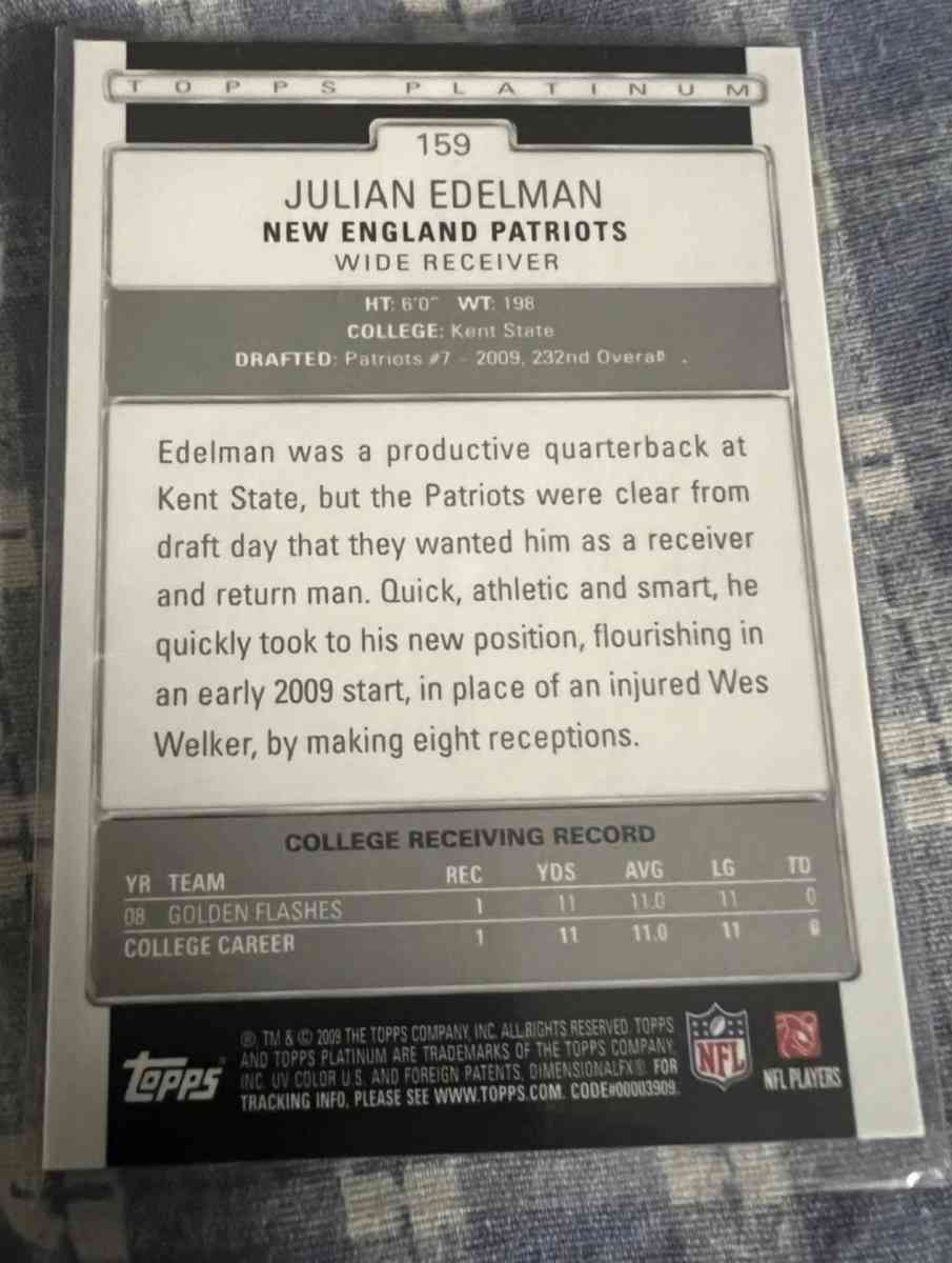 2009 Topps Platinum  159 Julian Edelman RC - Dedham, Massachusetts - FleaMarketBay