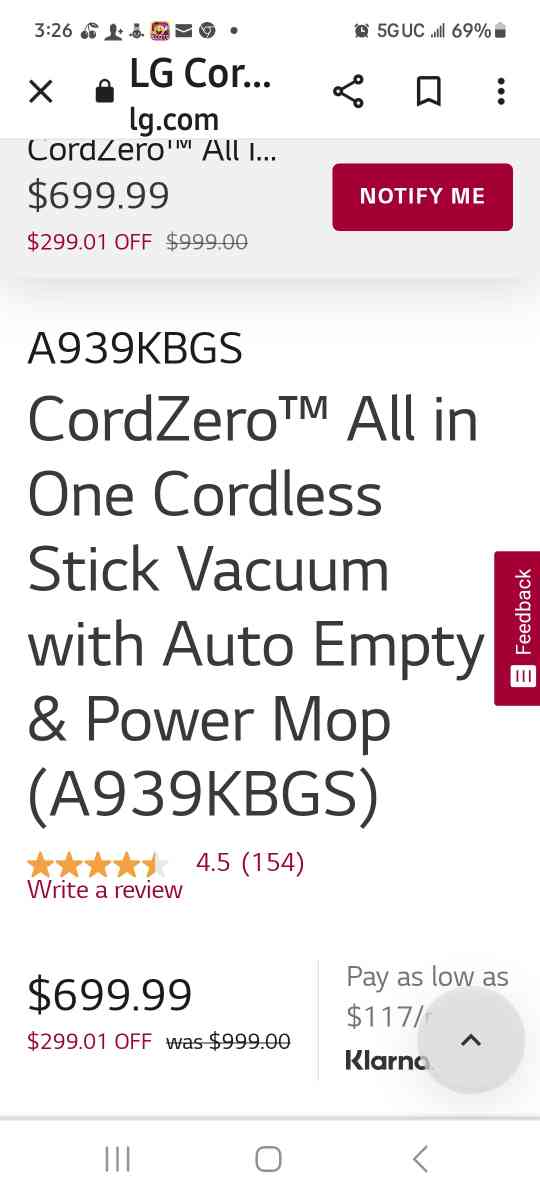 LG cord zero all in one stick vacuum with power mop - Phoenix, Arizona - FleaMarketBay
