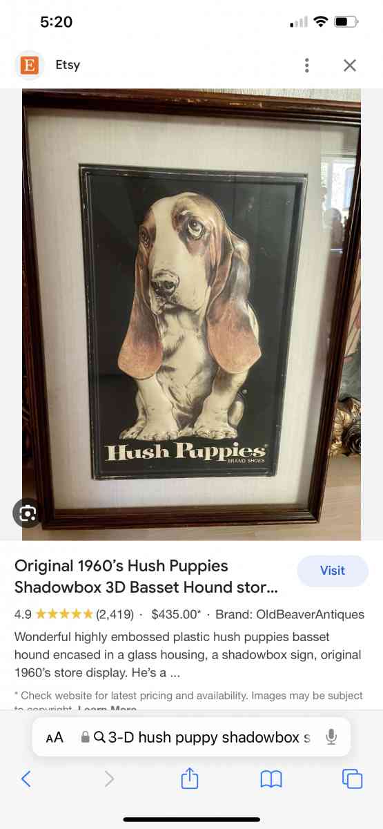 Orginal 1960s Hush puppies Shadowbox 3D store display sign - Vacaville, California - FleaMarketBay