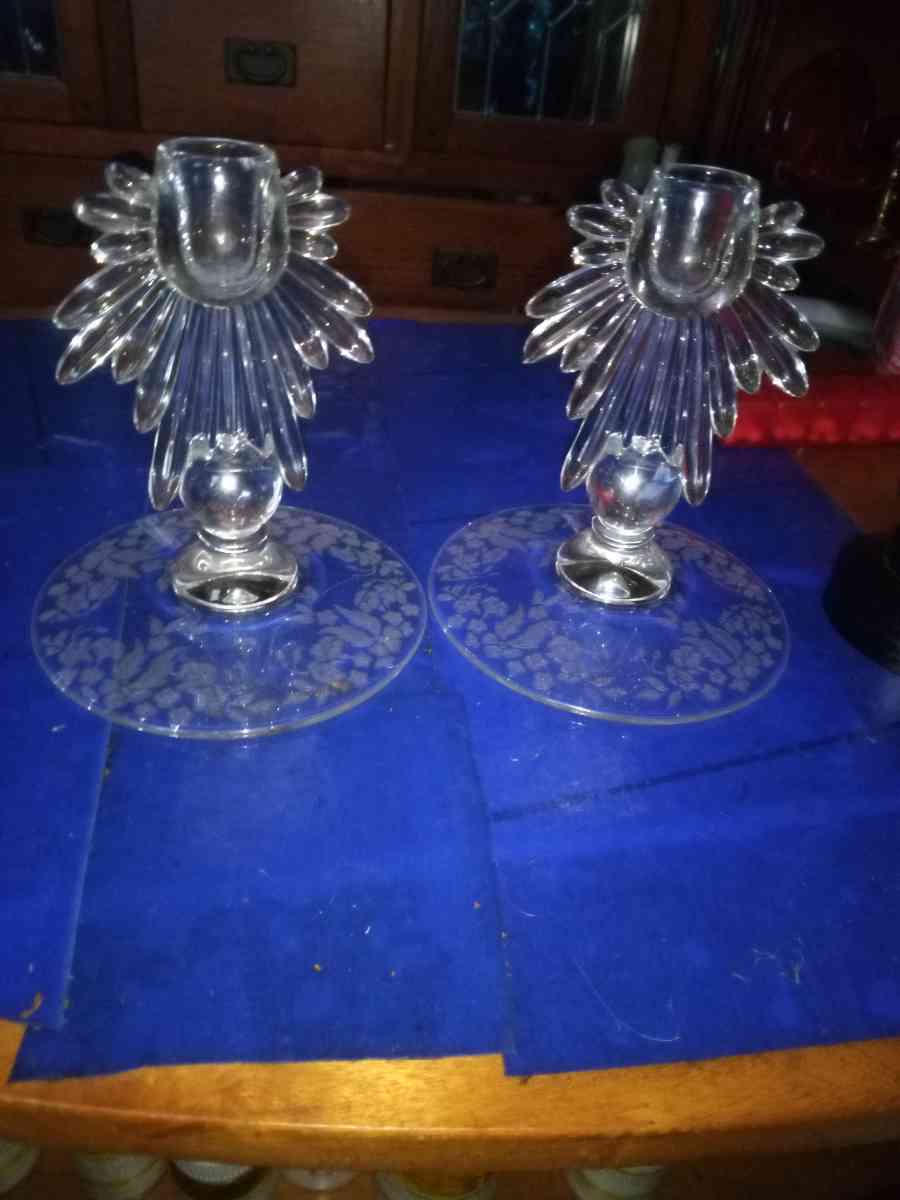 Pair of New Martinsville meadow etch Candleholders - Pawtucket, Rhode Island - FleaMarketBay