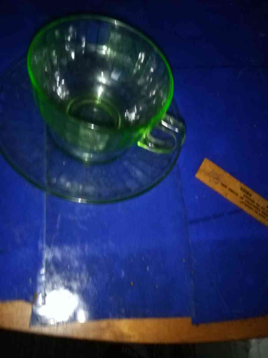 Hazel Atlas fruits uranium glass cup and saucer - Pawtucket, Rhode Island - FleaMarketBay