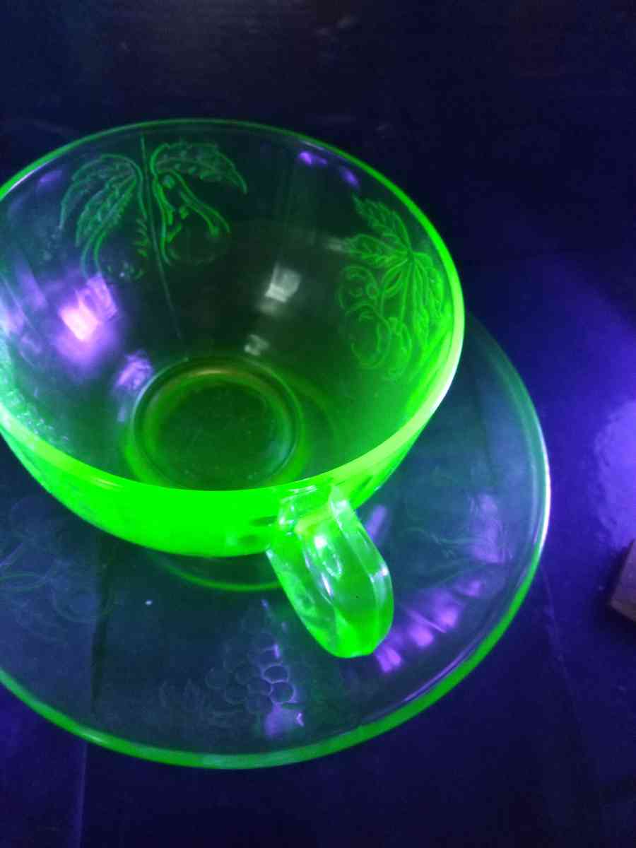 Hazel Atlas fruits uranium glass cup and saucer - Pawtucket, Rhode Island