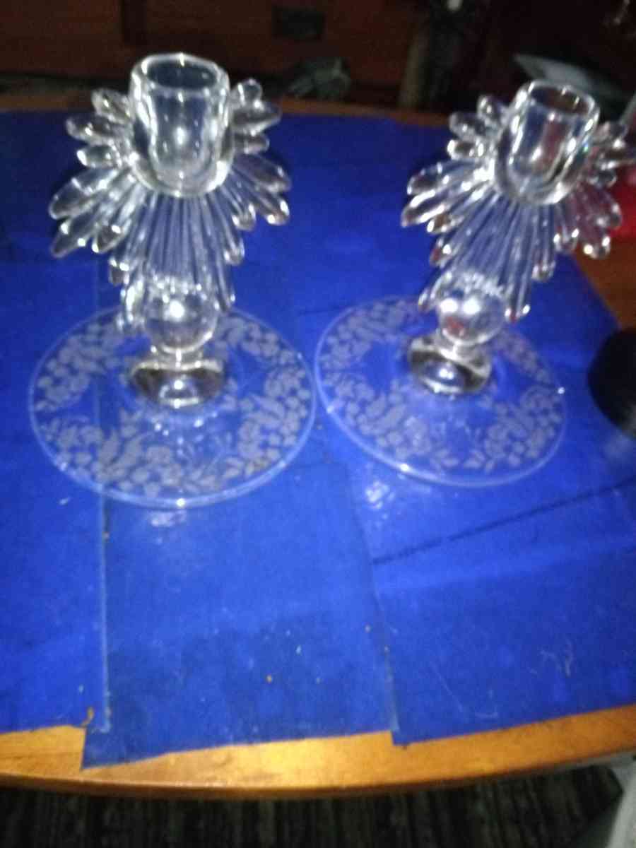 Pair of New Martinsville meadow etch Candleholders - Pawtucket, Rhode Island - FleaMarketBay