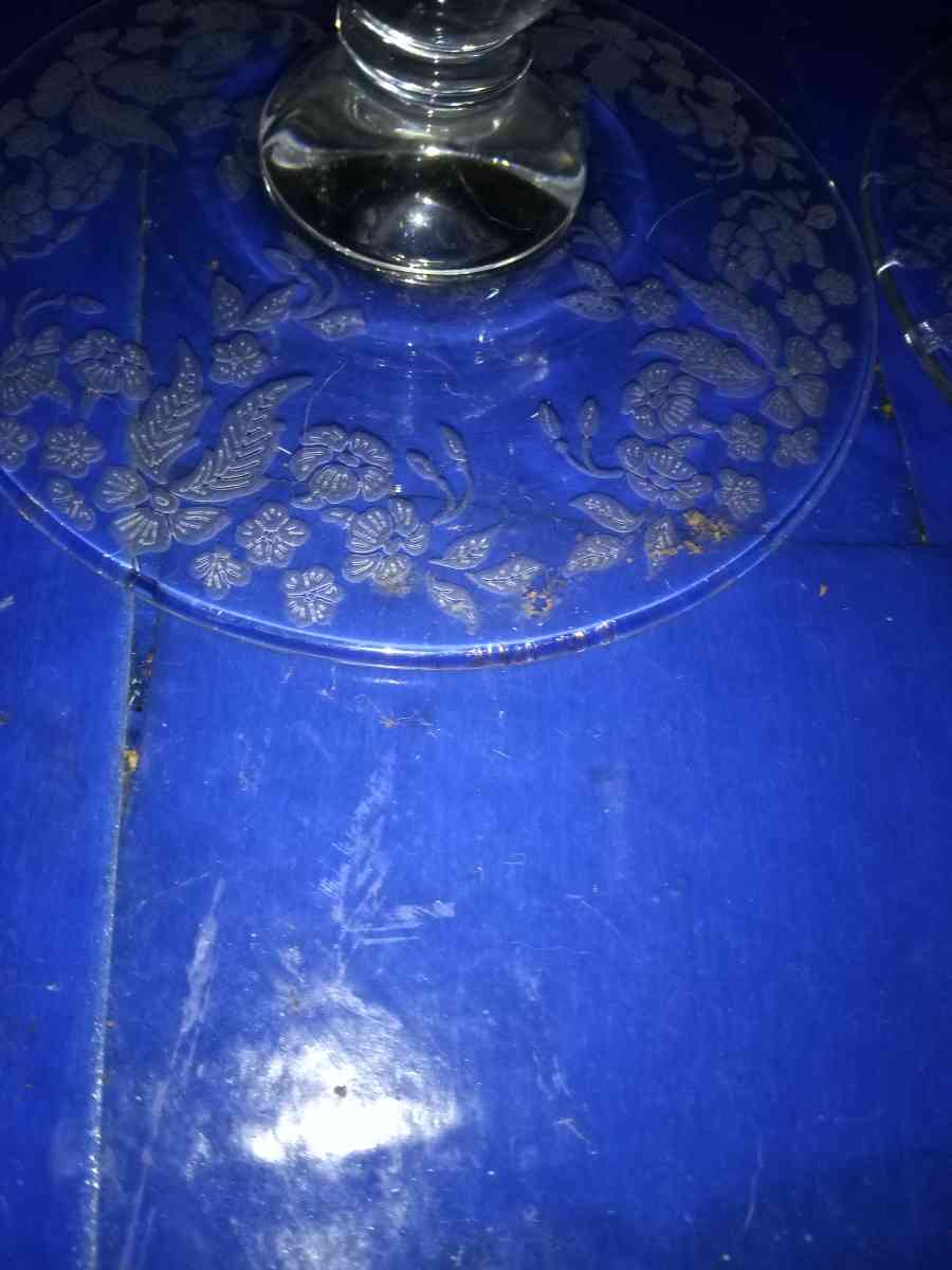 Pair of New Martinsville meadow etch Candleholders - Pawtucket, Rhode Island - FleaMarketBay