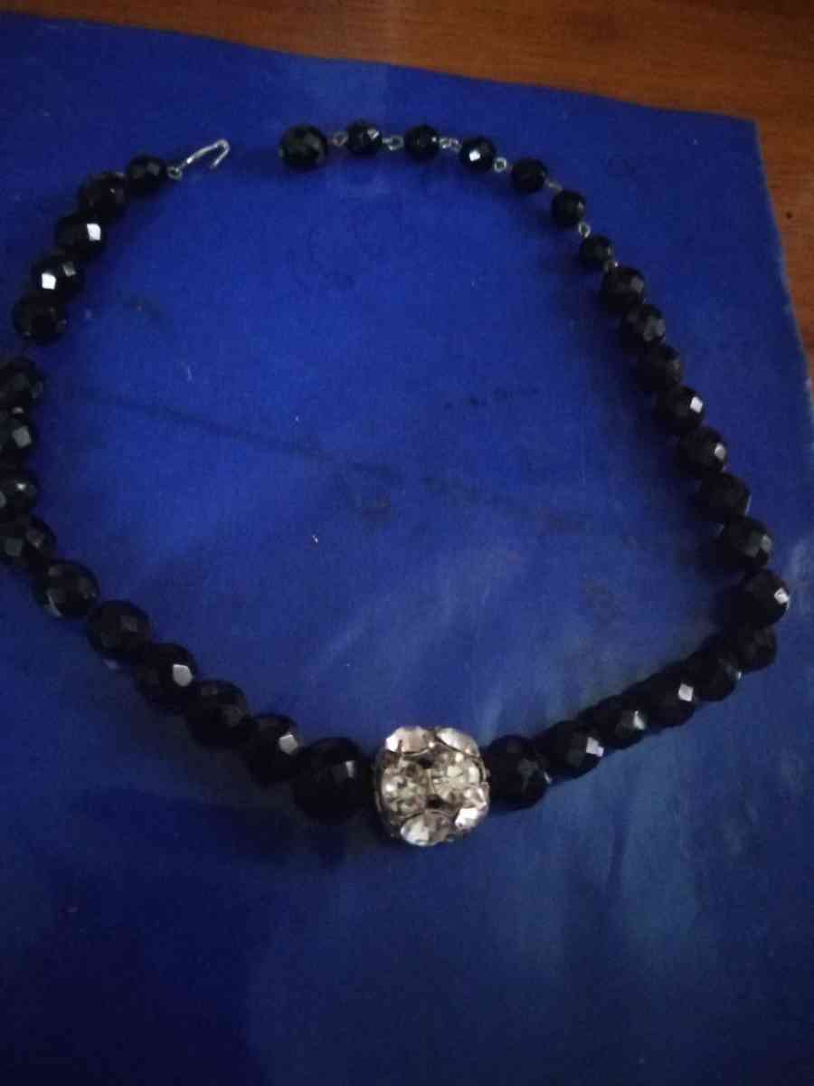 Obsidian and Glass Rhinestone Necklace - Pawtucket, Rhode Island - FleaMarketBay