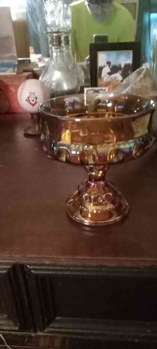 vintage Indiana iridescent glass pedestal bowl - New Albany, Indiana - FleaMarketBay