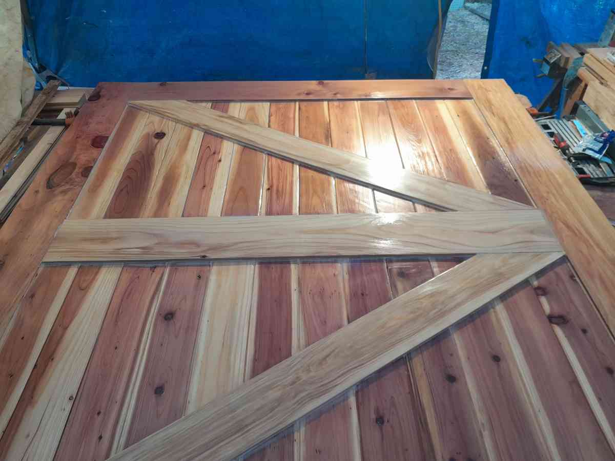 2 Redwood sliding barn doors 74x84 inches each other sizesto - El Dorado, California - FleaMarketBay