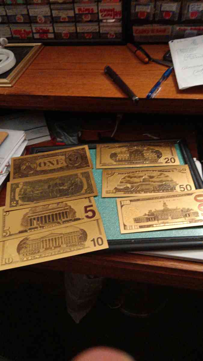 Set of Seven Commemorative Golden Bills covered with gold - Lemoore, California - FleaMarketBay