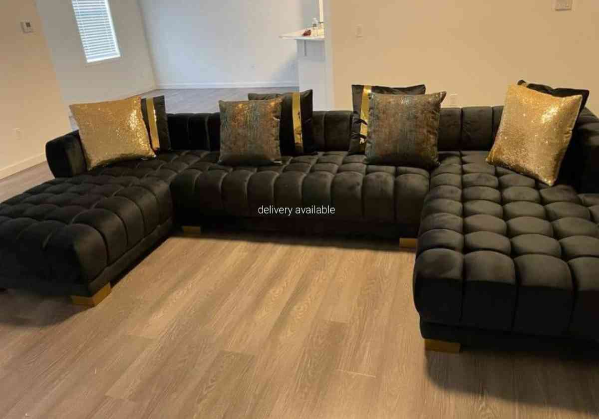 Black Velvet Double Chaise Sectional seccional large couch - Houston, Texas