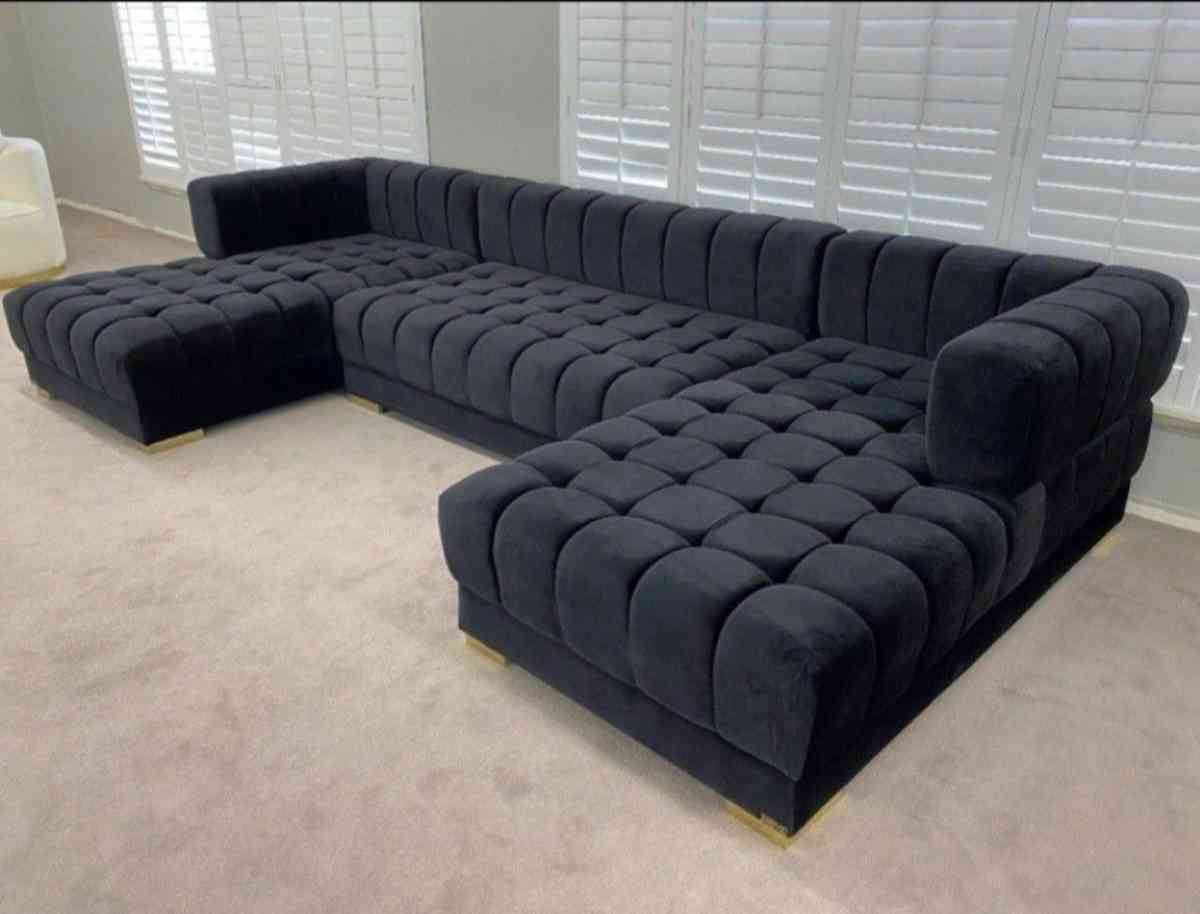 Black Velvet Double Chaise Sectional seccional large couch - Houston, Texas - FleaMarketBay