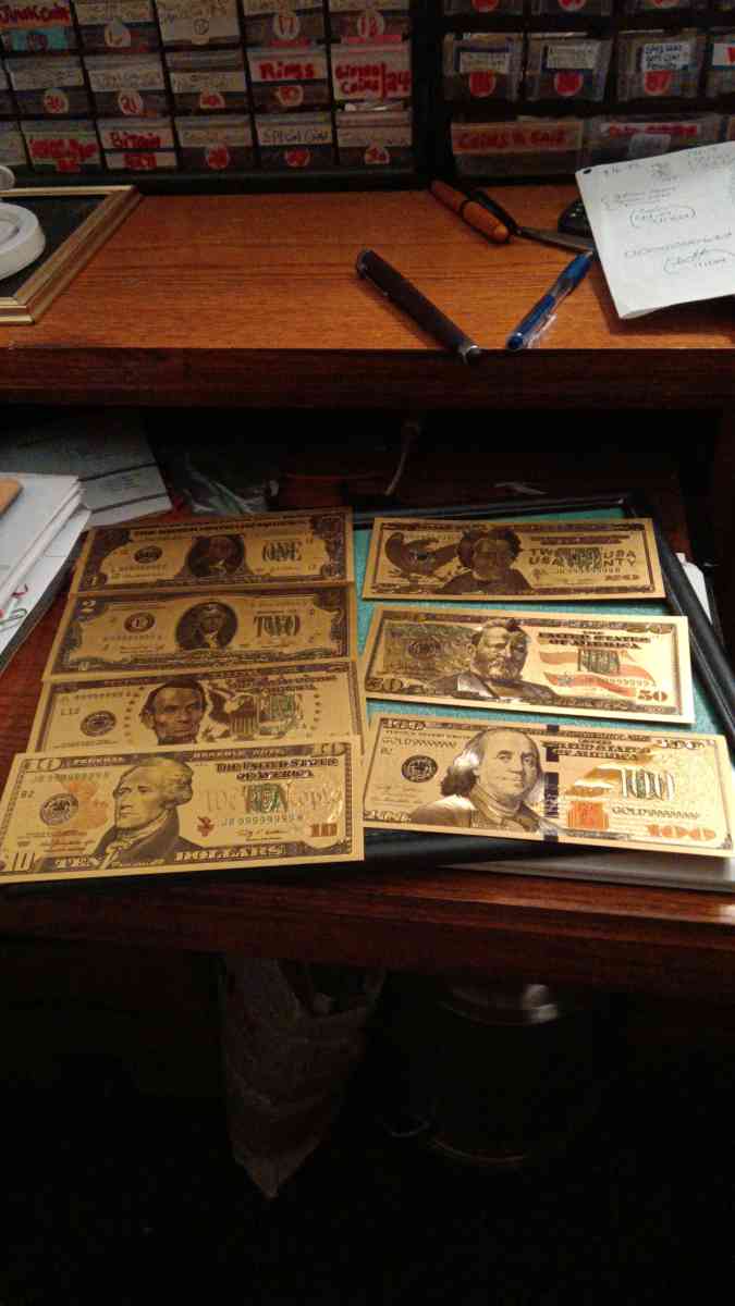 Set of Seven Commemorative Golden Bills covered with gold - Lemoore, California - FleaMarketBay