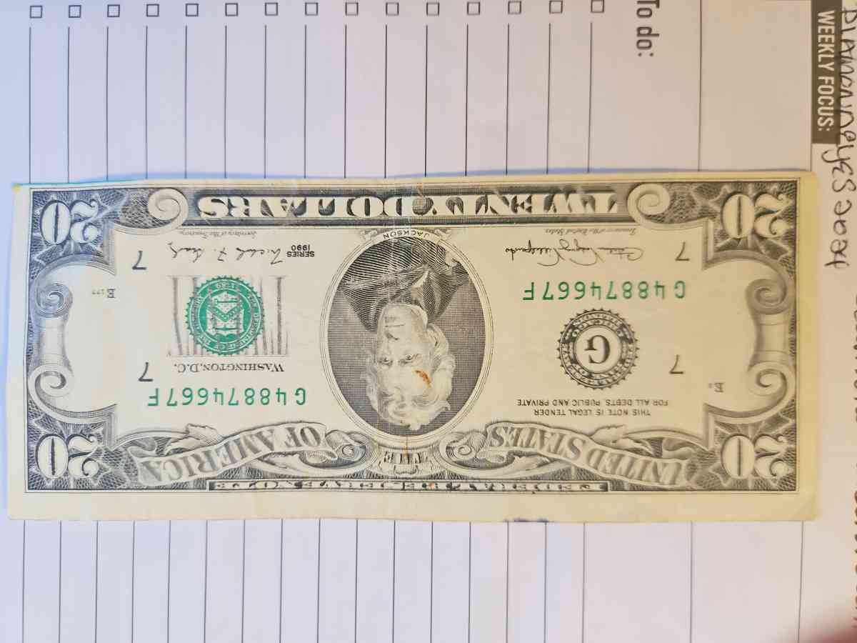 20 dollar bill miscut 1990 series G - Morrilton, Arkansas - FleaMarketBay