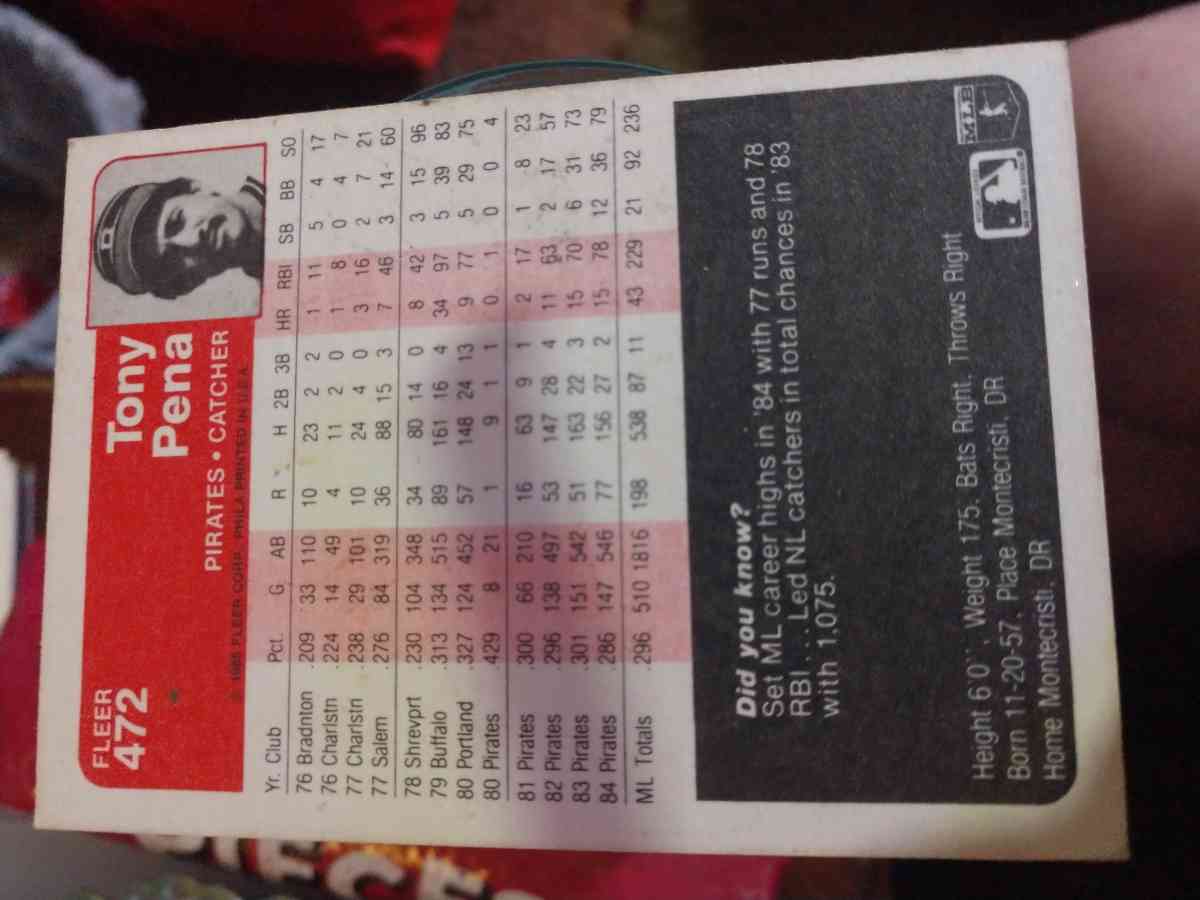 Tony Pena Baseball Card - Eunice, Louisiana - FleaMarketBay