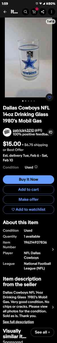 Collectable Dallas Cowboys 1 pint Glass - Philadelphia, Pennsylvania - FleaMarketBay