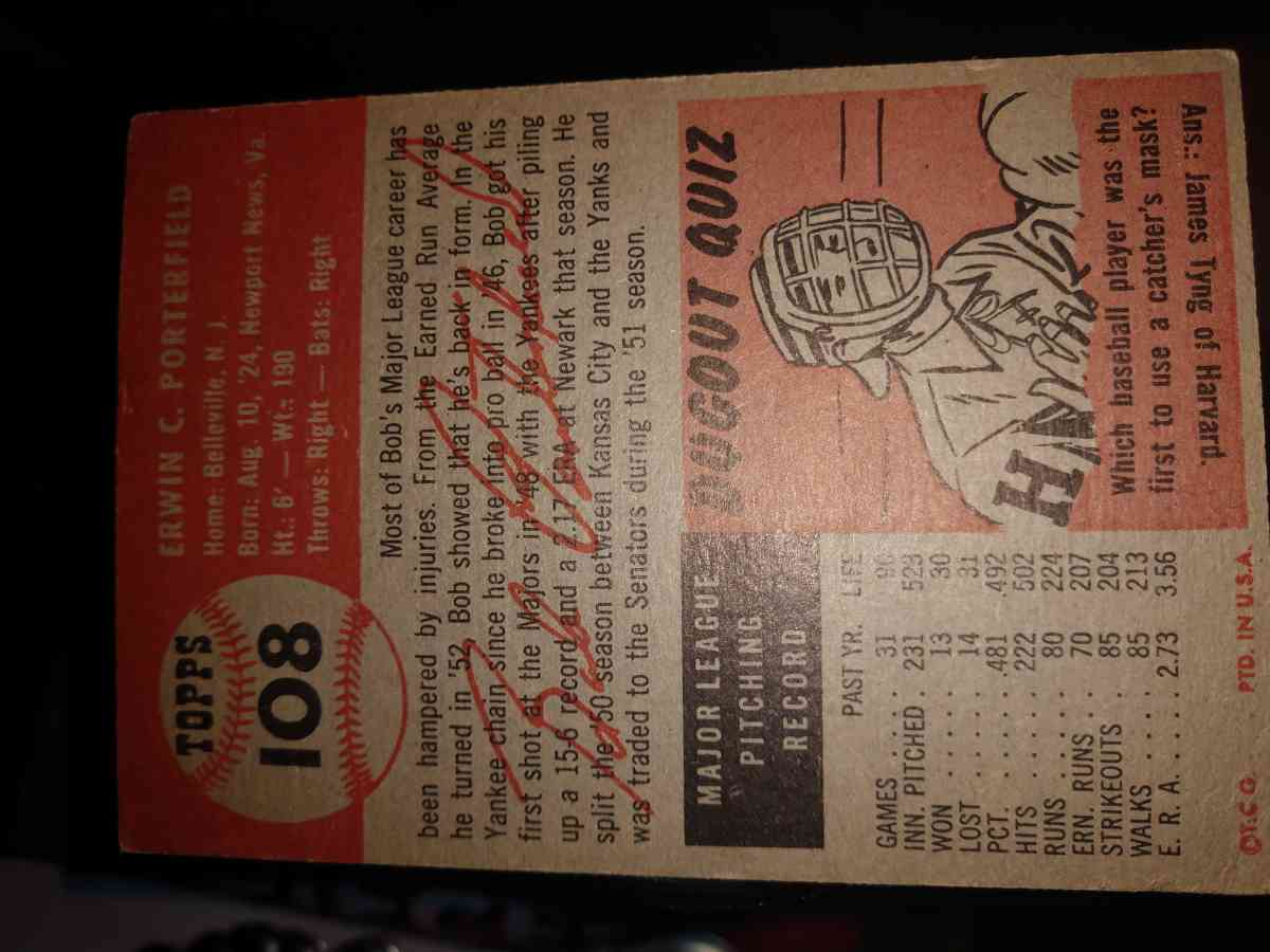 Bob Porterfield Baseball Card - Eunice, Louisiana - FleaMarketBay