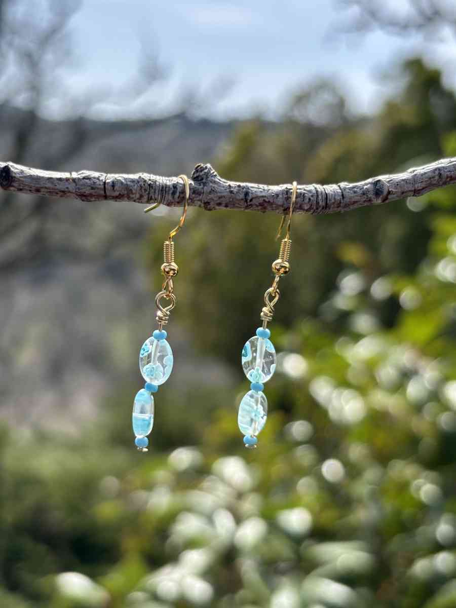 handmade glass blue beaded earrings with little blue flowers - Tehachapi, California - FleaMarketBay