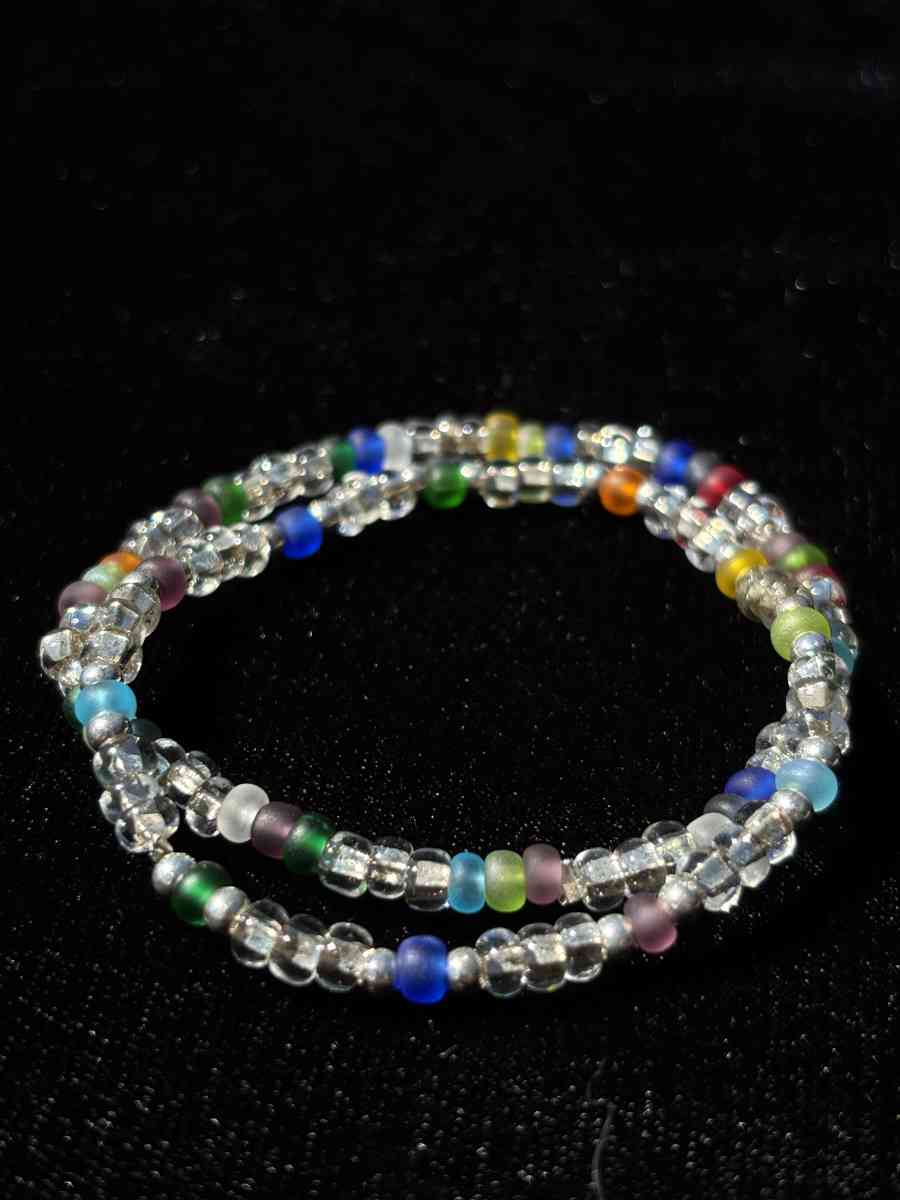 Handmade elastic rainbow and clear beaded bracelets - Tehachapi, California