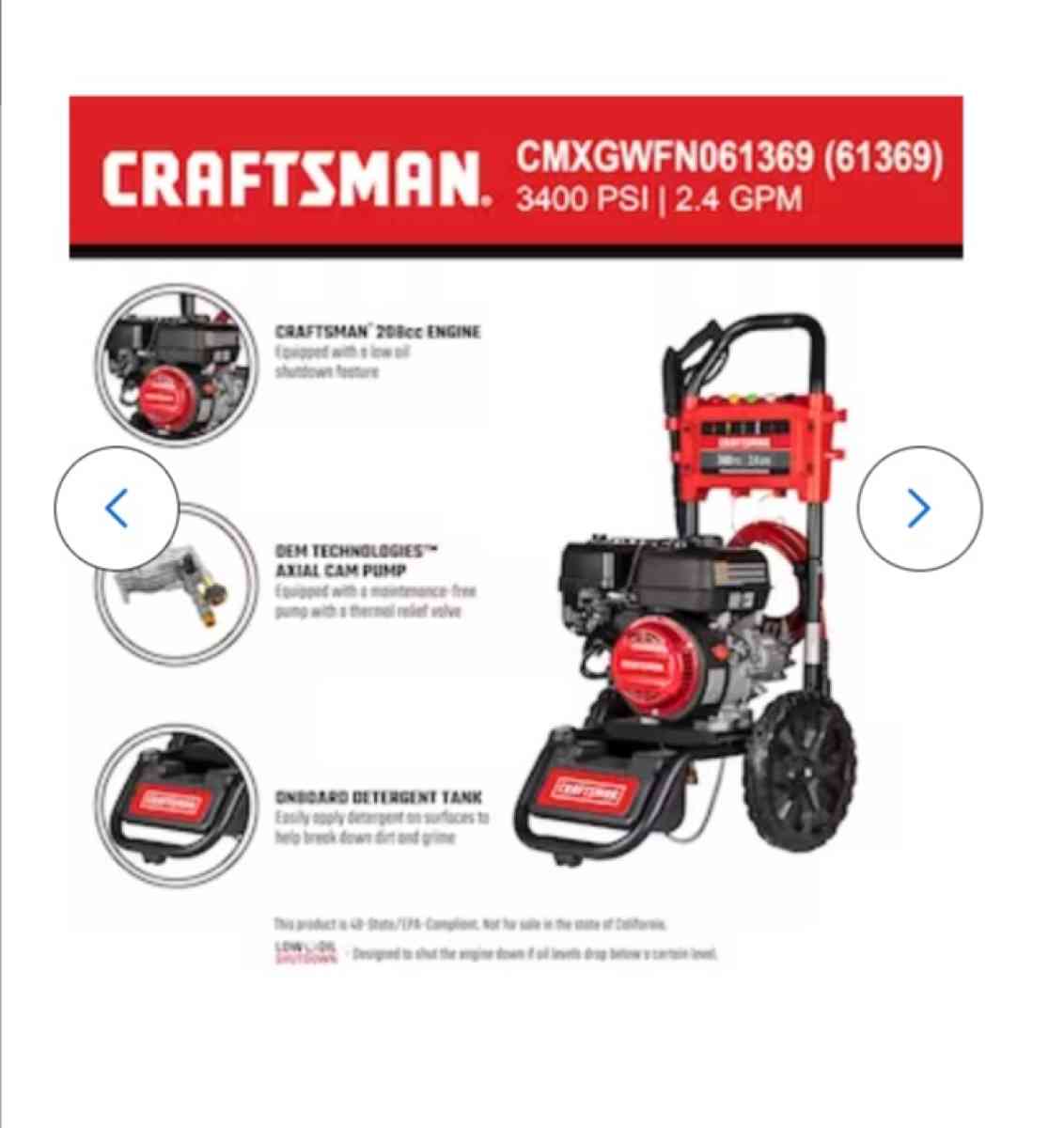 CRAFTSMAN 3400 PSI 24Gallons Cold Water Gas Pressure Washer - Santa Clarita, California - FleaMarketBay