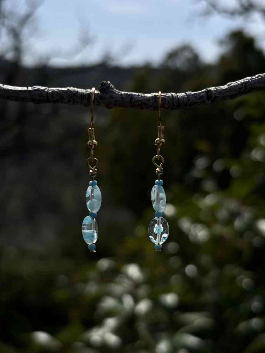 handmade glass blue beaded earrings with little blue flowers - Tehachapi, California - FleaMarketBay
