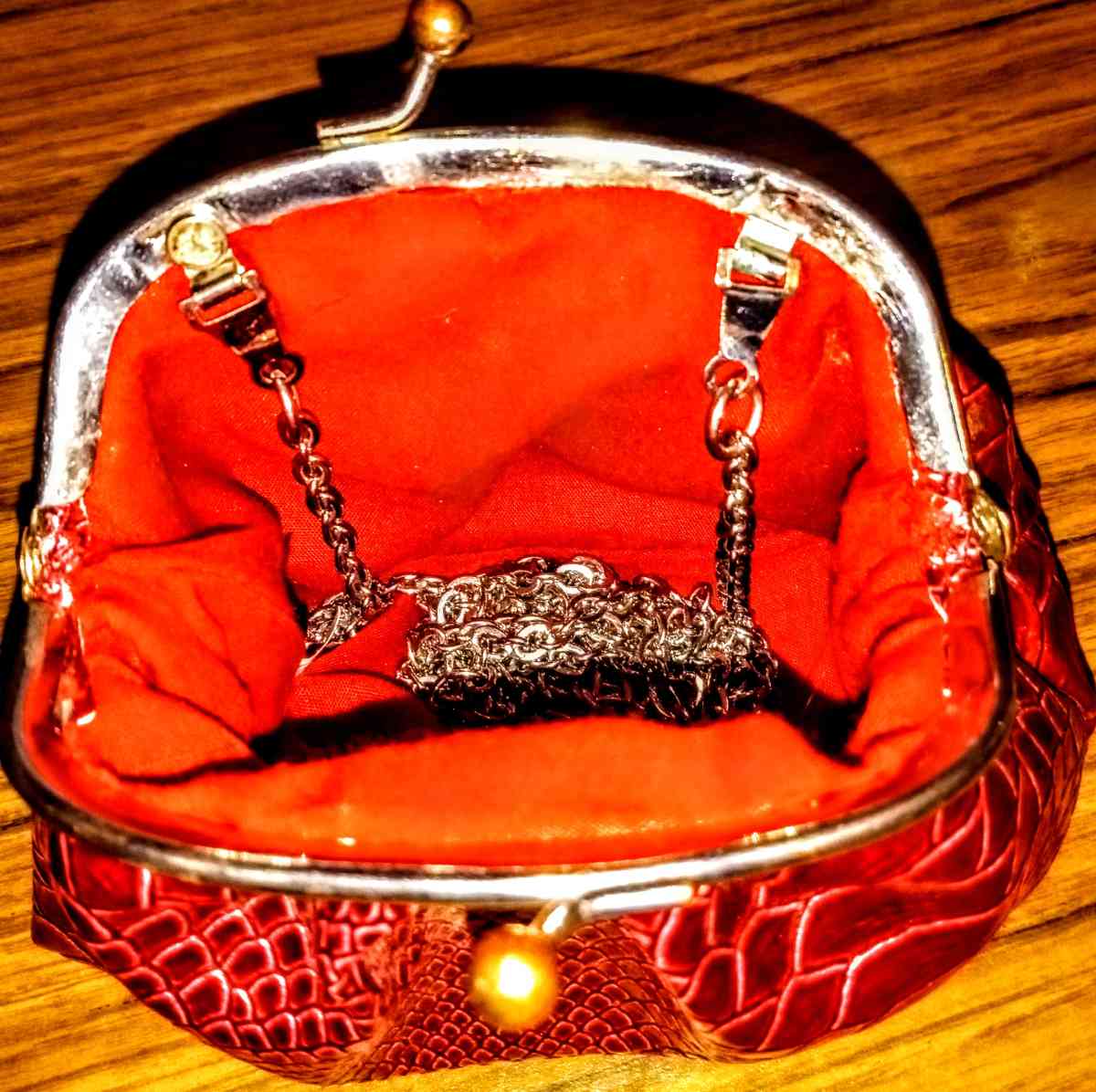 Red Small Rattlesnake Pattern Clutch with 25in Silver Chain - Muldrow, Oklahoma - FleaMarketBay