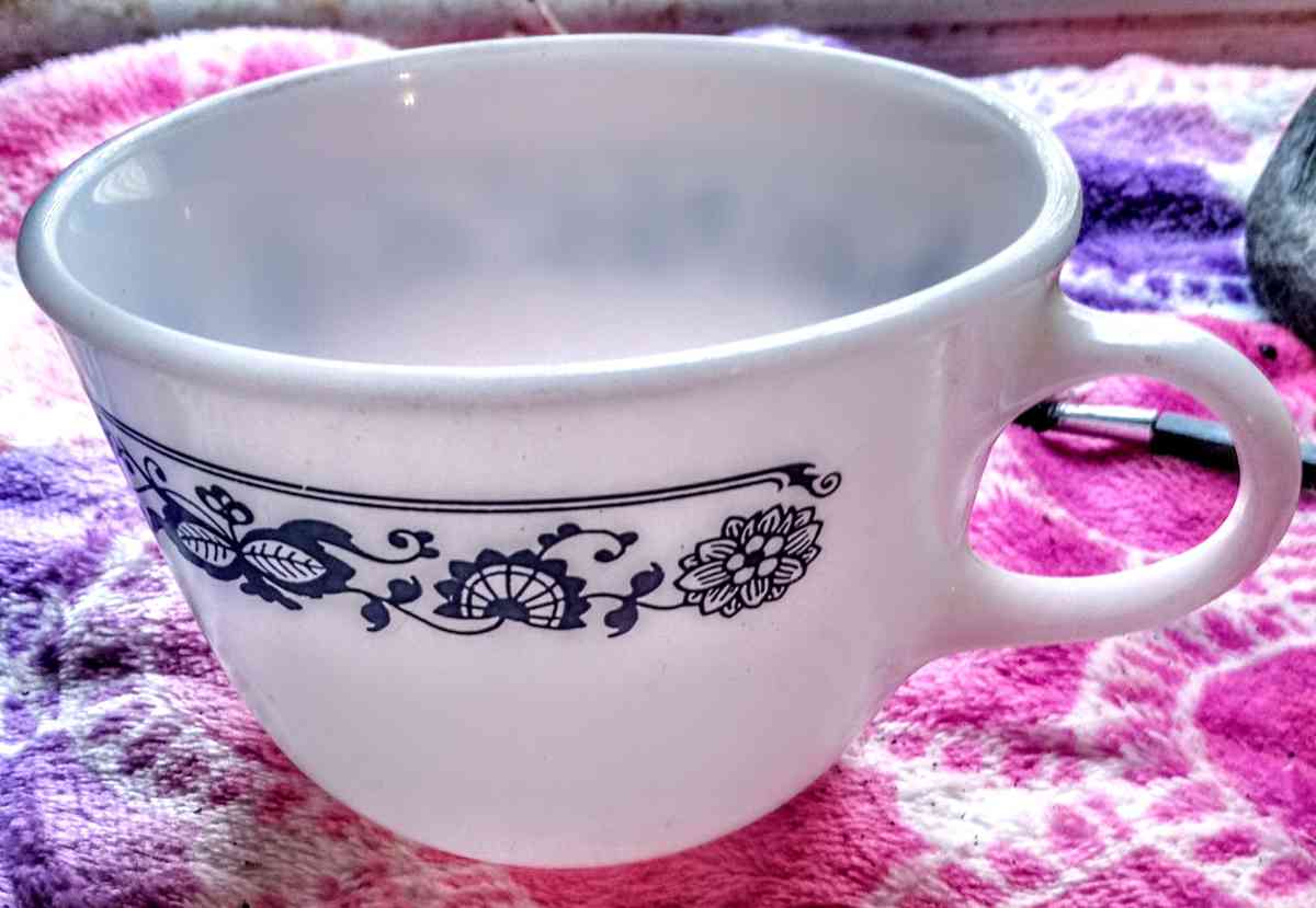 Pyrex Milk Glass Cup with Blue Flowers Design - Muldrow, Oklahoma - FleaMarketBay