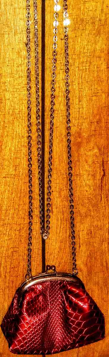 Red Small Rattlesnake Pattern Clutch with 25in Silver Chain - Muldrow, Oklahoma - FleaMarketBay