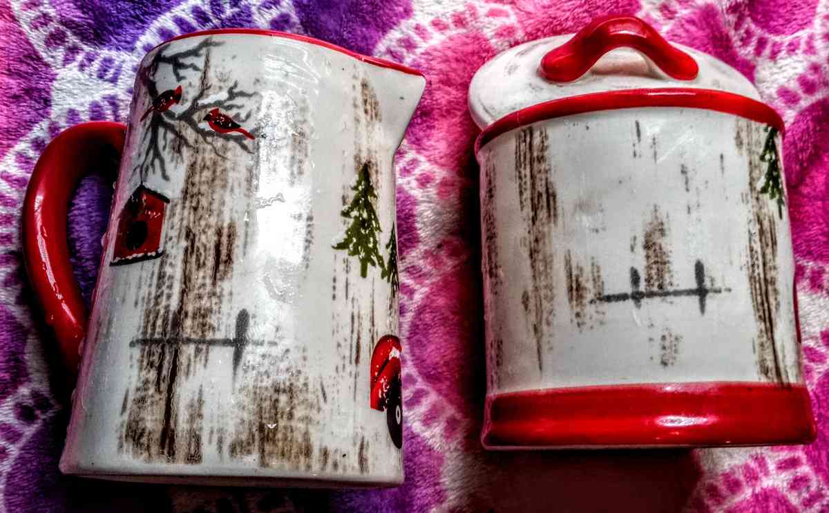 Christmas Red Truck Sugar Bowl and Creamer Pitcher - Muldrow, Oklahoma - FleaMarketBay