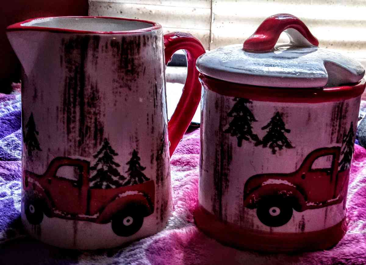 Christmas Red Truck Sugar Bowl and Creamer Pitcher - Muldrow, Oklahoma - FleaMarketBay