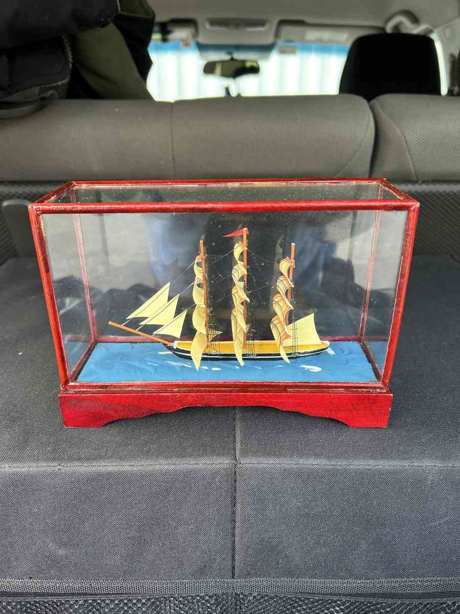 SHIP IN GLASS DISPLAY CASE WITH WOOD BASE - Hackensack, New Jersey - FleaMarketBay