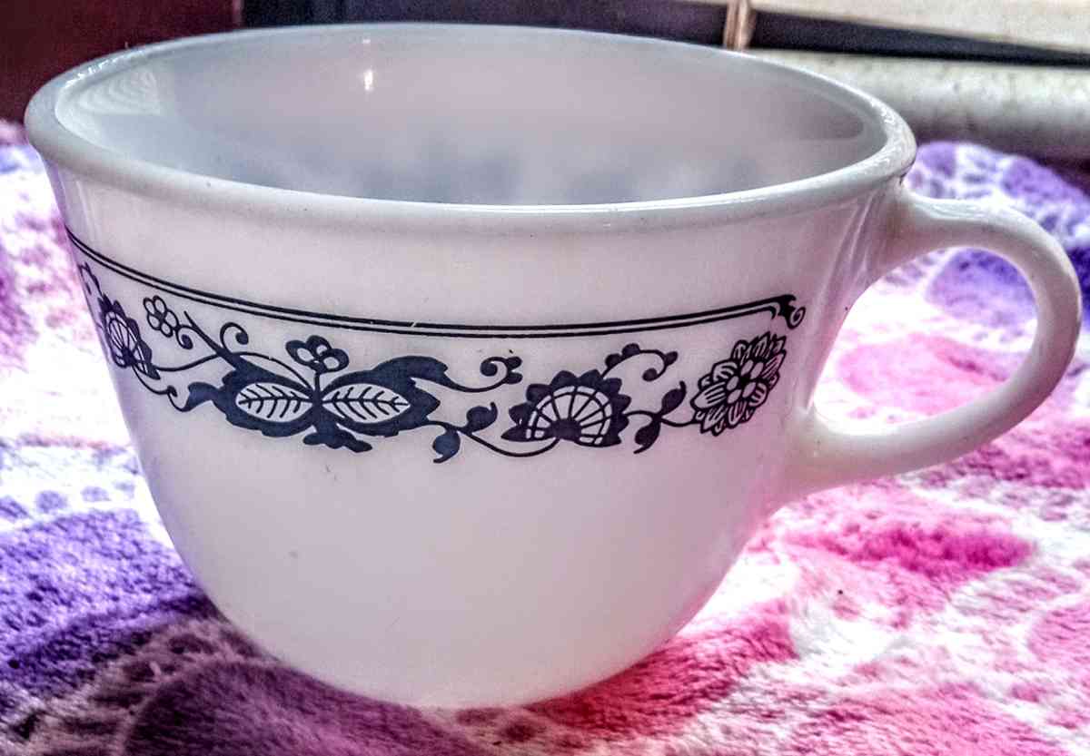 Pyrex Milk Glass Cup with Blue Flowers Design - Muldrow, Oklahoma - FleaMarketBay