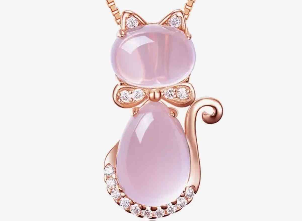 Pink Jade Jadeite Rose Gold Plate Cat Pendant Necklace - Pasadena, California - FleaMarketBay