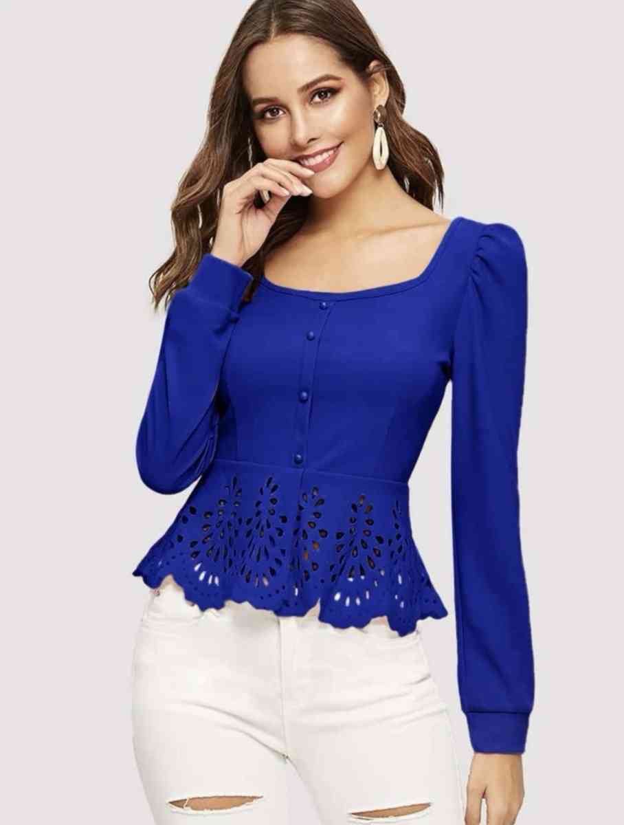 Buttoned Front Laser Cut Hem Puff Sleeve Top