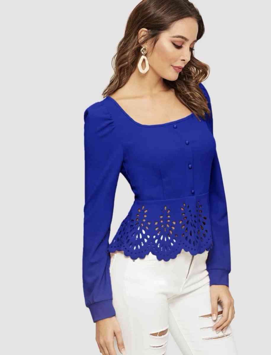 Buttoned Front Laser Cut Hem Puff Sleeve Top - Jamaica, New York - FleaMarketBay