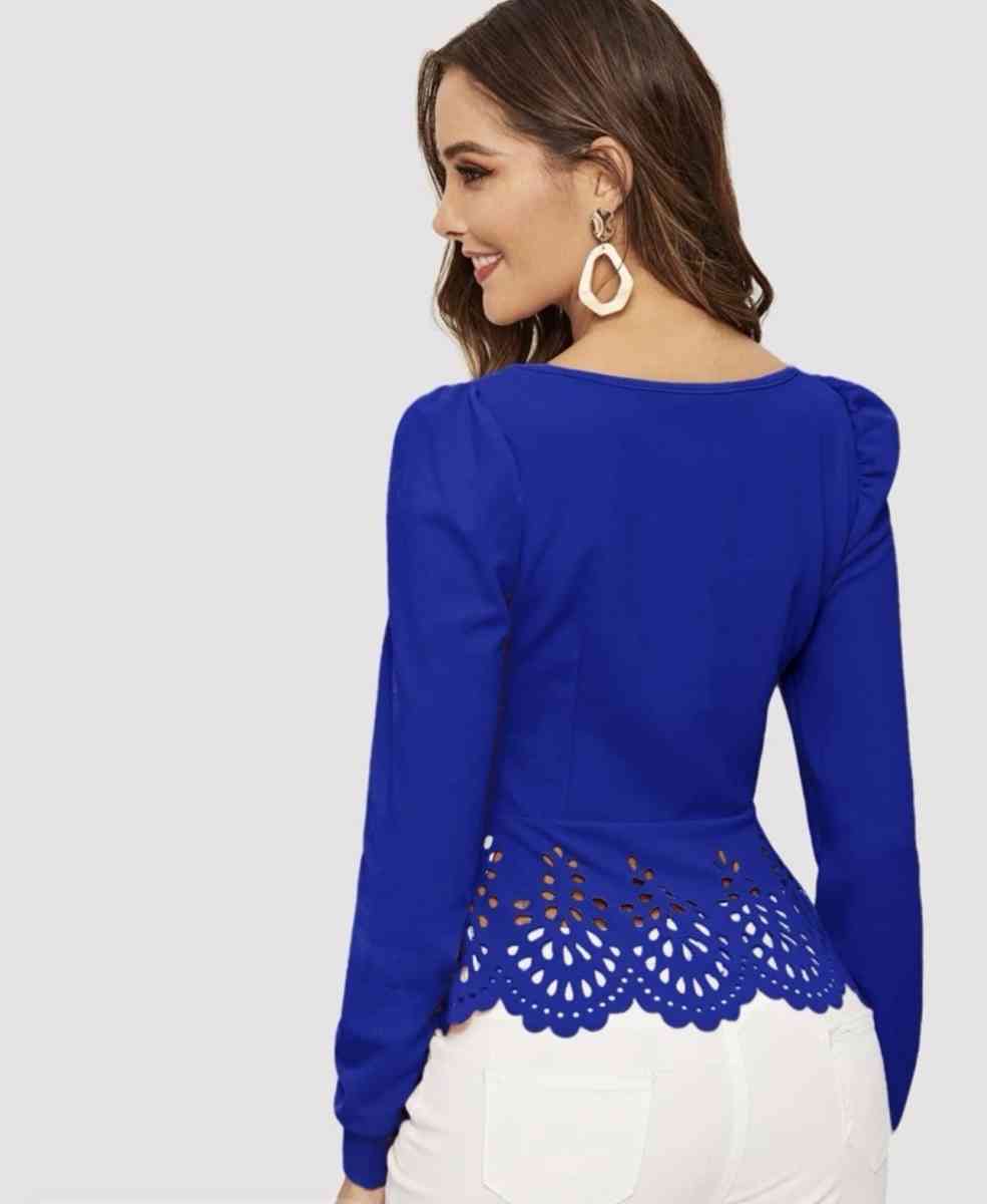 Buttoned Front Laser Cut Hem Puff Sleeve Top - Jamaica, New York - FleaMarketBay