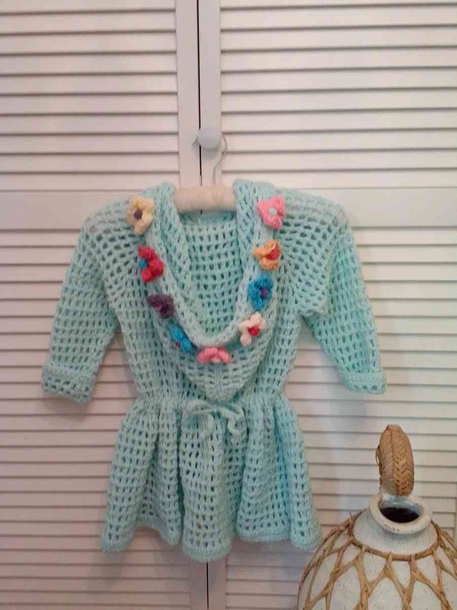 crocheted hoodie with puff flowers and heart wood buttons - Cuddebackville, New York