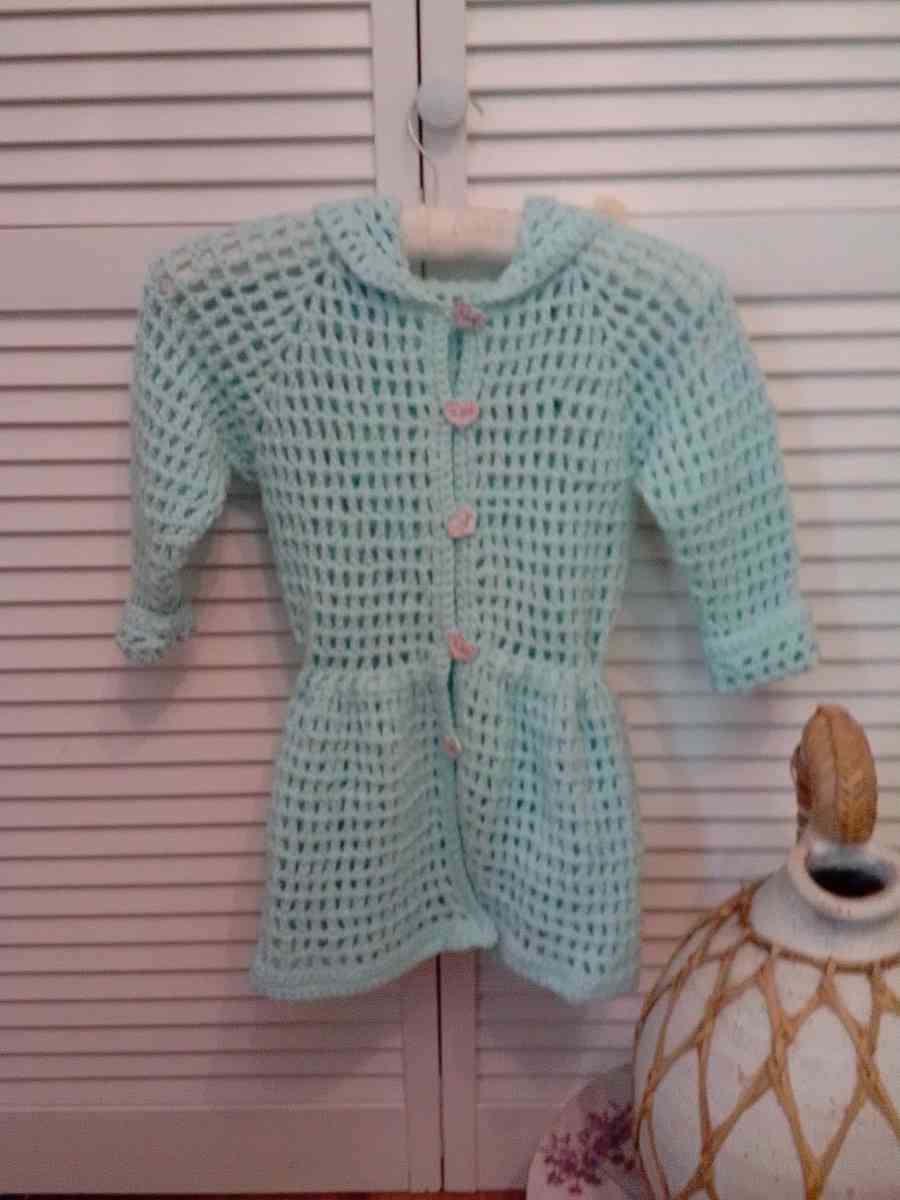crocheted hoodie with puff flowers and heart wood buttons - Cuddebackville, New York - FleaMarketBay