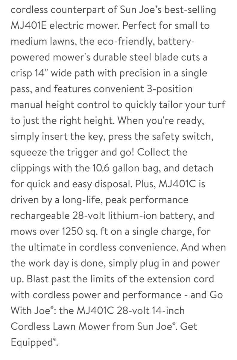 lawnmower Sun Joe electric cordless - Pueblo, Colorado - FleaMarketBay