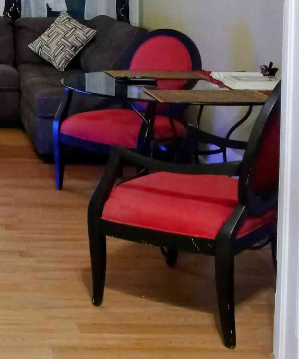 glass table with 2 red black vintage chairs - Baltimore, Maryland