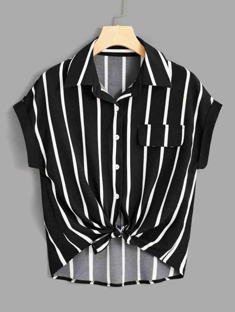 black and white Striped Print Batwing Sleeve Shirt