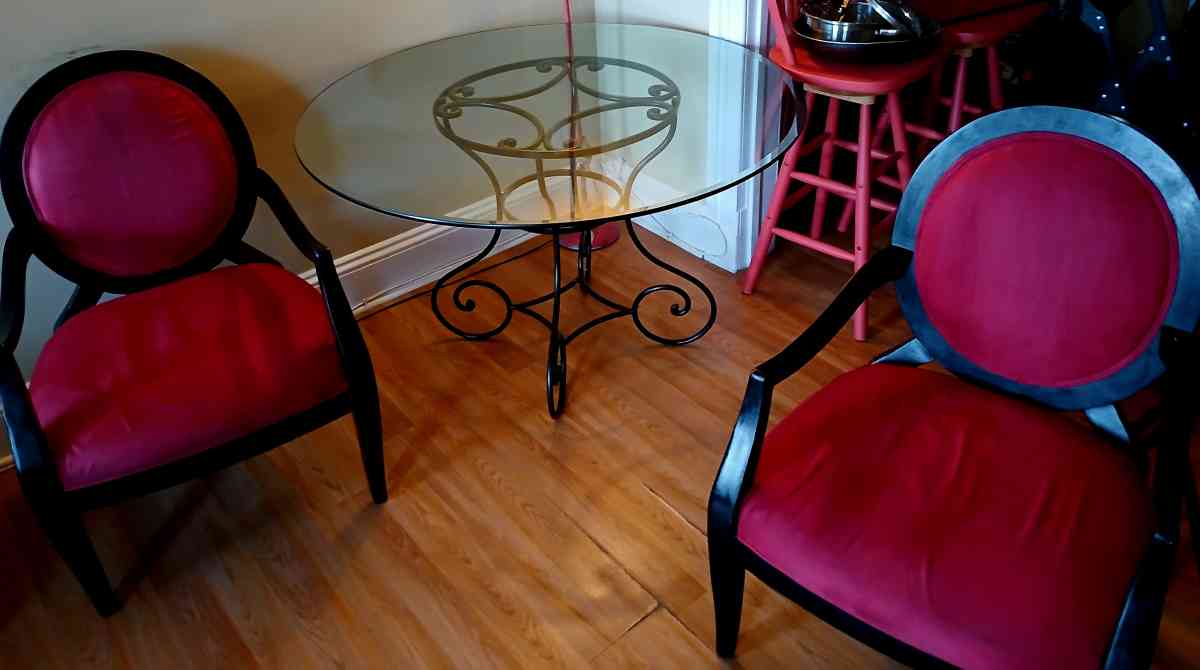 glass table with 2 red black vintage chairs - Baltimore, Maryland - FleaMarketBay