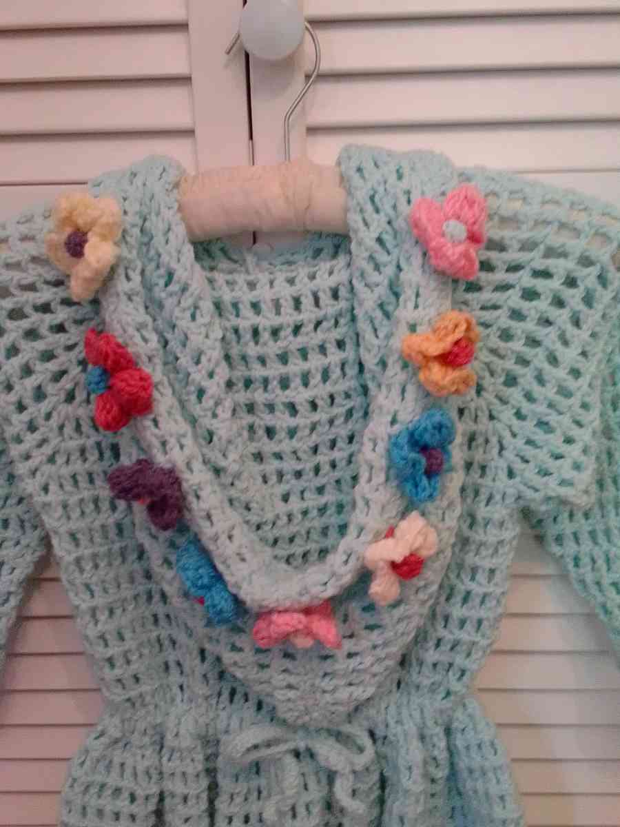 crocheted hoodie with puff flowers and heart wood buttons - Cuddebackville, New York - FleaMarketBay