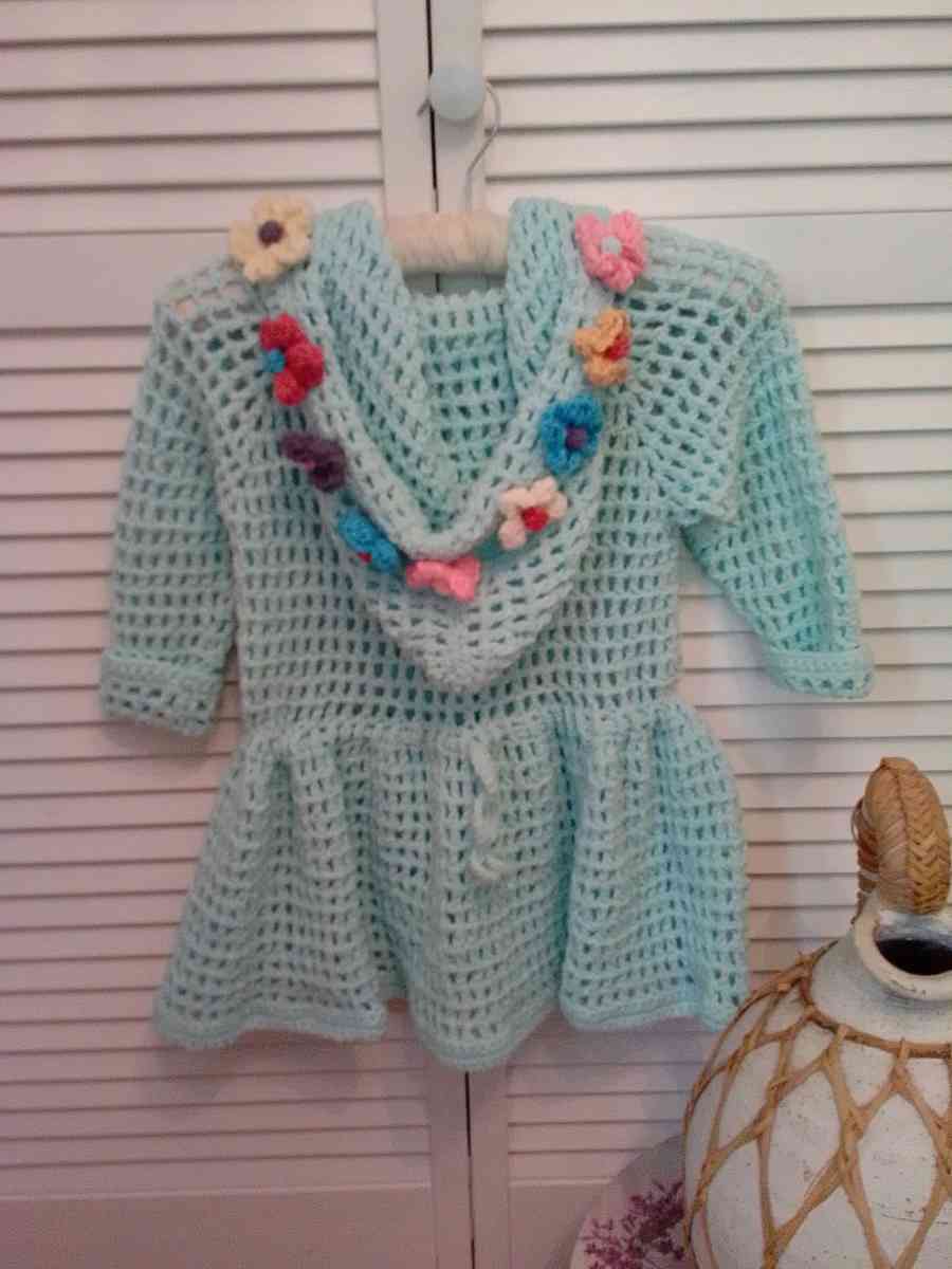crocheted hoodie with puff flowers and heart wood buttons - Cuddebackville, New York - FleaMarketBay