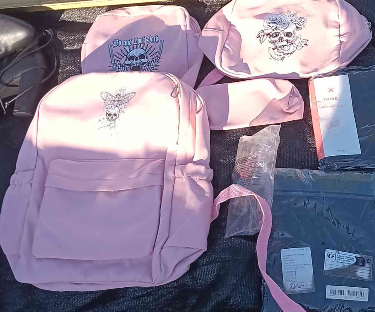 set of 4 skull backpack and matching accessories