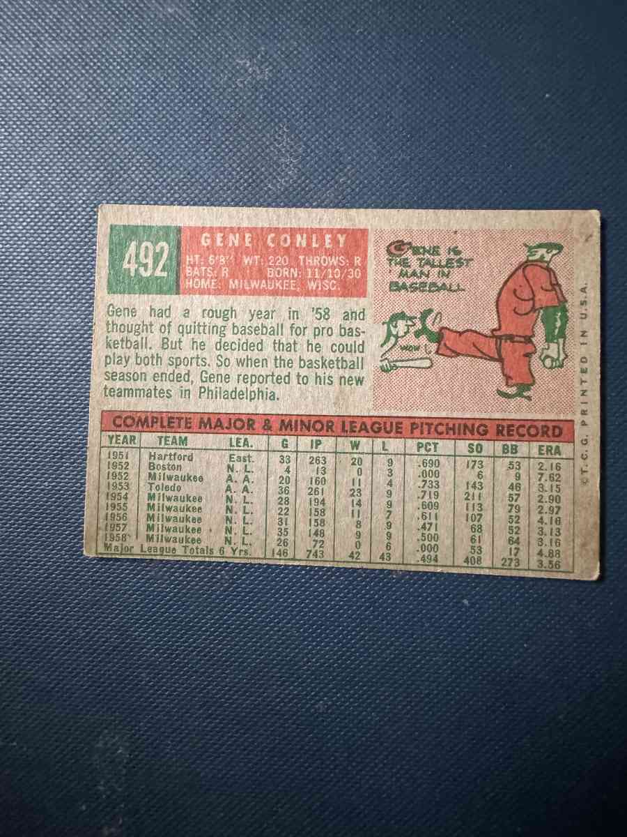 Gene Conley Baseball Card Topps 492 - Portland, Texas - FleaMarketBay