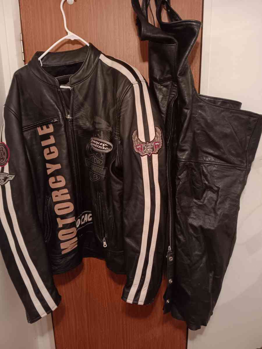 XXL tall Harley Davidson leather jacket with chaps helmet - Auburn, Alabama - FleaMarketBay