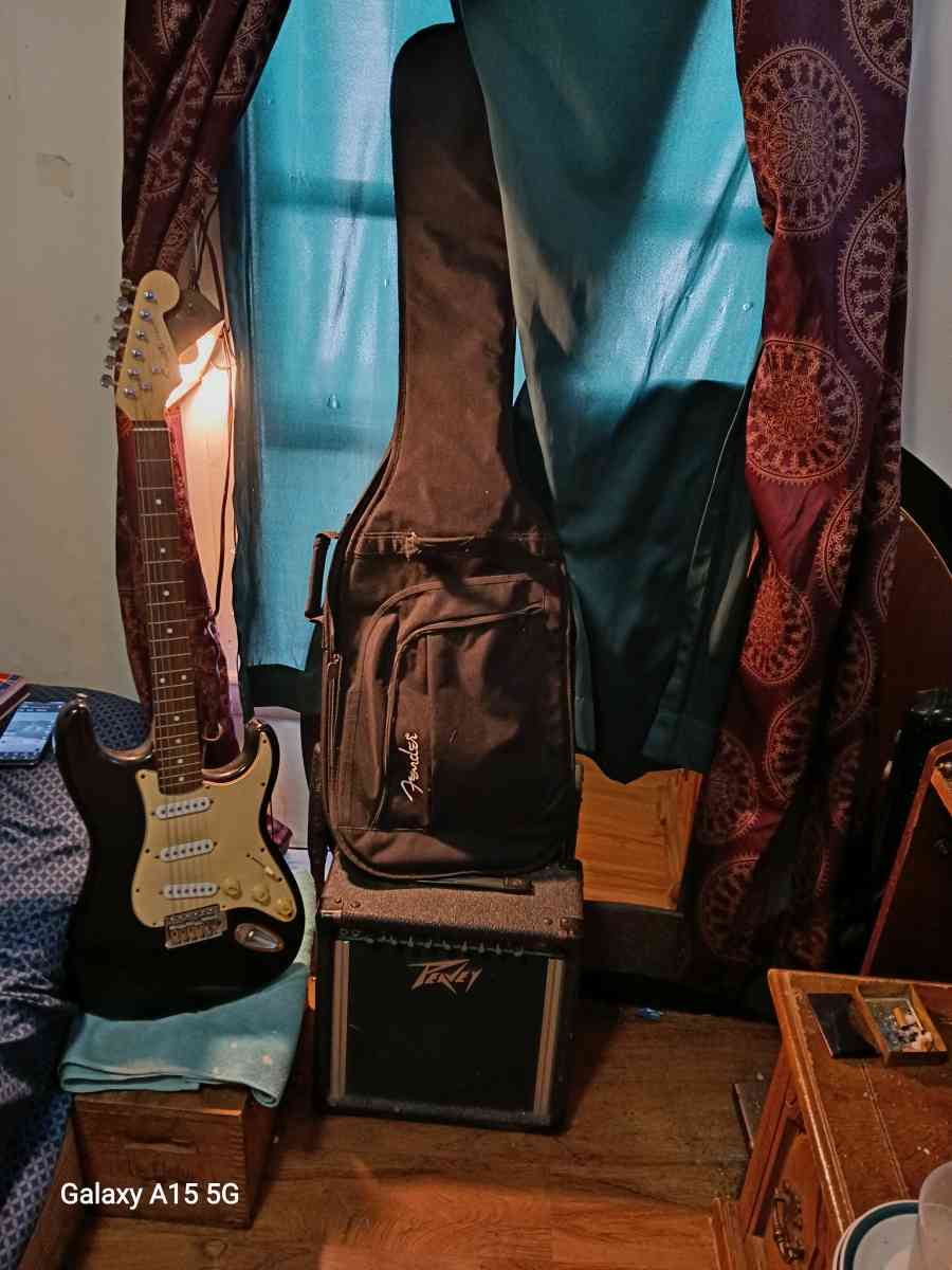 FENDER SQUIRE STRAT GUITAR  PEVEY AMP AND GUITAR CASE - Houlton, Maine