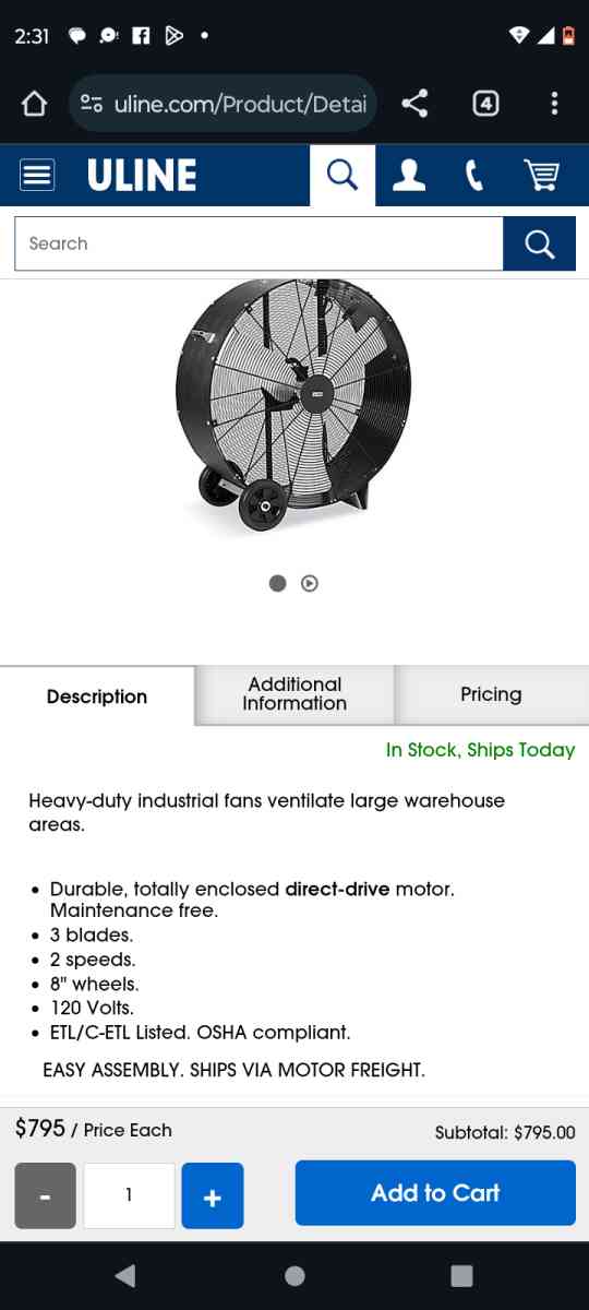 Uline fan warehouse fan ventilation fan - Acworth, Georgia - FleaMarketBay