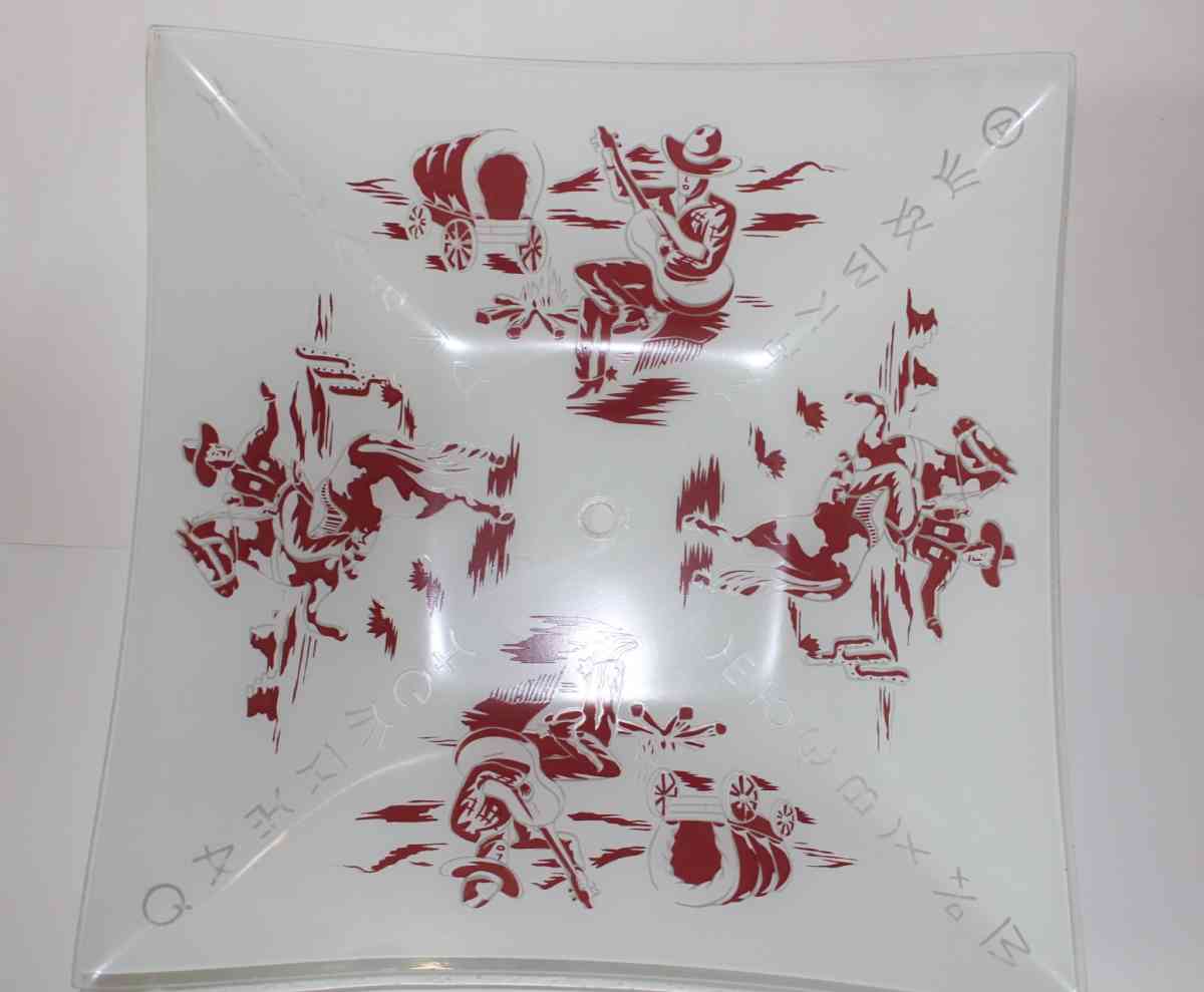 Vintage Hand Painted Glass Cowboy with covered wagon ceiling - Fort Worth, Texas - FleaMarketBay
