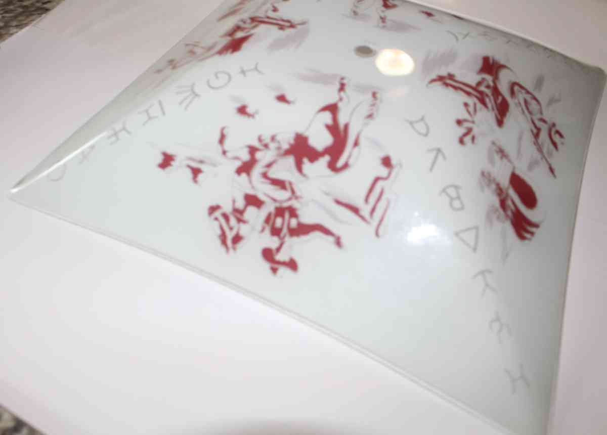 Vintage Hand Painted Glass Cowboy with covered wagon ceiling - Fort Worth, Texas - FleaMarketBay